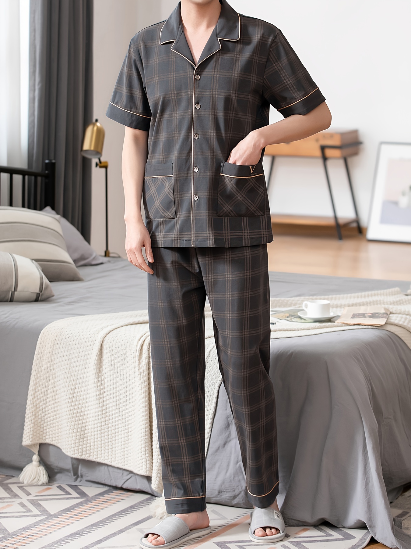 Men's Summer Pajamas with Turned Collar, Pure Cotton, Short Sleeves and Long Pants, Thin Style, Full Cotton, Plus Size, Home Wear Set for Men