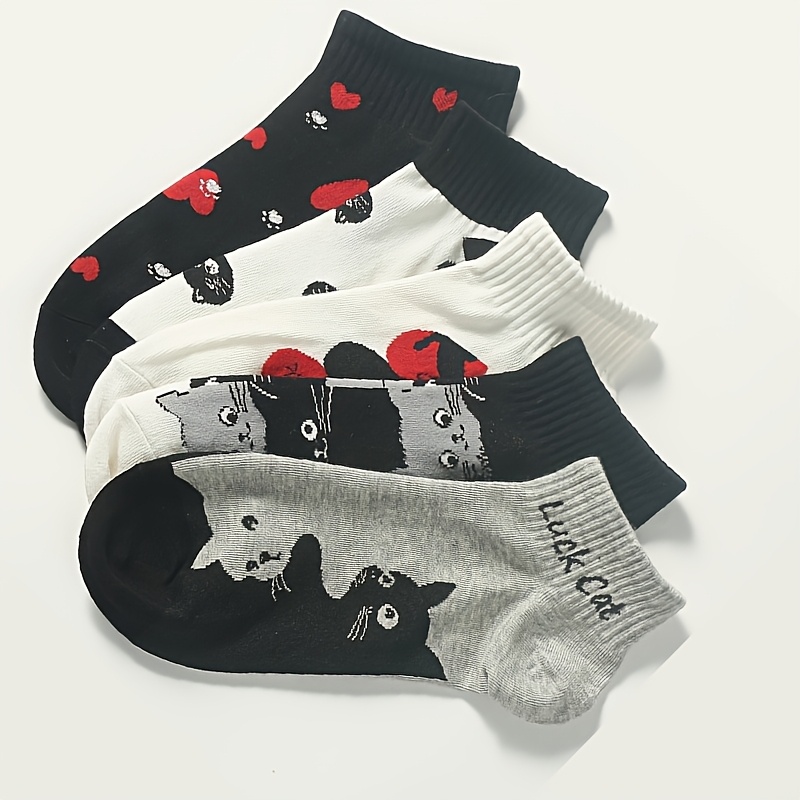 Image of 5 Pairs Of Women's Cartoon Cute Cat Short Socks, Summer Thin Style, Fashionable And Versatile For Sports And Outdoor Activities