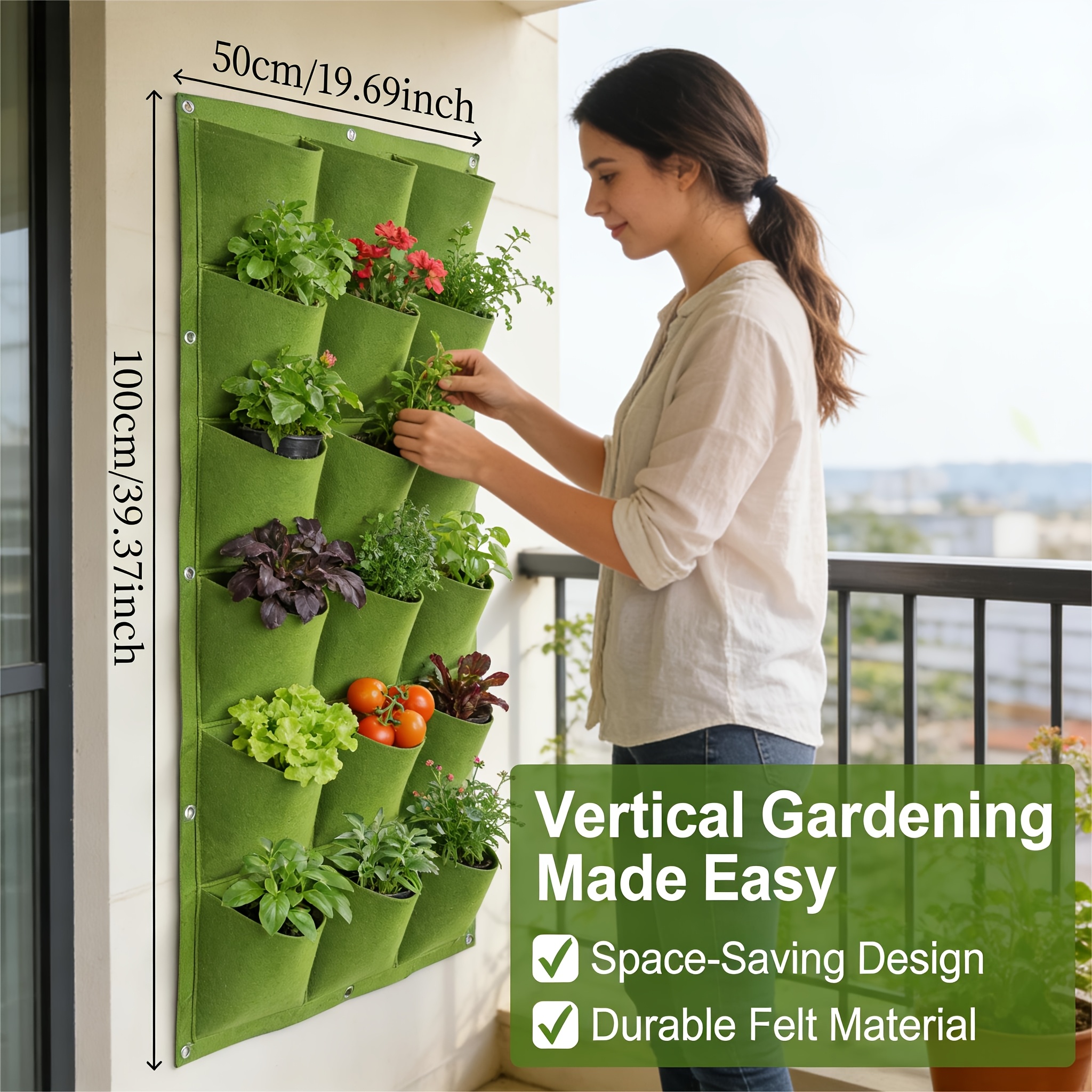TEMU Multi-functional 18-pocket Vertical Garden Grow Bag - Lightweight Wall-mounted Planter, Suitable For Indoor And Outdoor Planting, Space-saving.