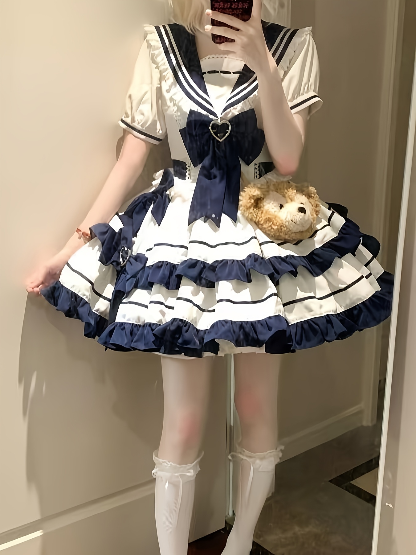 white christmas dresses Sweet Pink Bow Accents and Bead Details Princess Lolita Dress with Big Bow  at Back – MK Kawaii Store main image 0