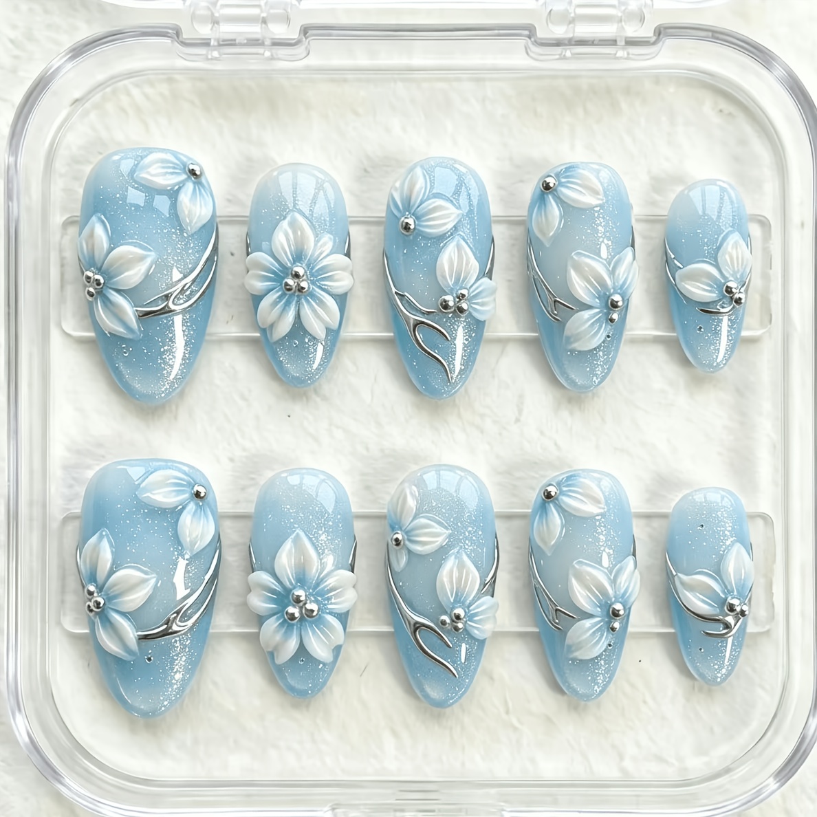 TEMU 10pcs Faux Ongles à Coller, Base à Paillettes Fines avec en Relief 3D & Décor de Perles Argentées, Style Frais et Élégant, Repuis Reutilisables