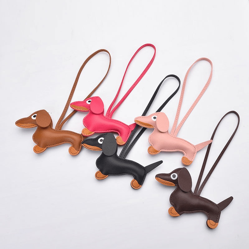 Image of 5pcs Sausage Puppy, Faux Leather Pendant With Backpack Luggage Additions, Cute Cartoon Puppy Charm, Ladies Handbag Trendy Bag Pendant Car Key Chain, Car Interior Decoration