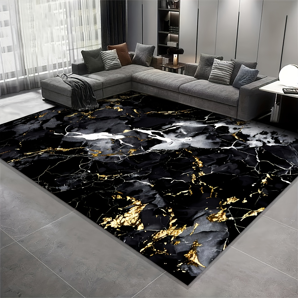 E-shop Samt 850g/m², weiche dicke Flächenmatte mit luxuriösem minimalistischem Marmor-Muster in Schwarz, Grau und Weiß-Gold-Farbton, maschinenwaschbar,