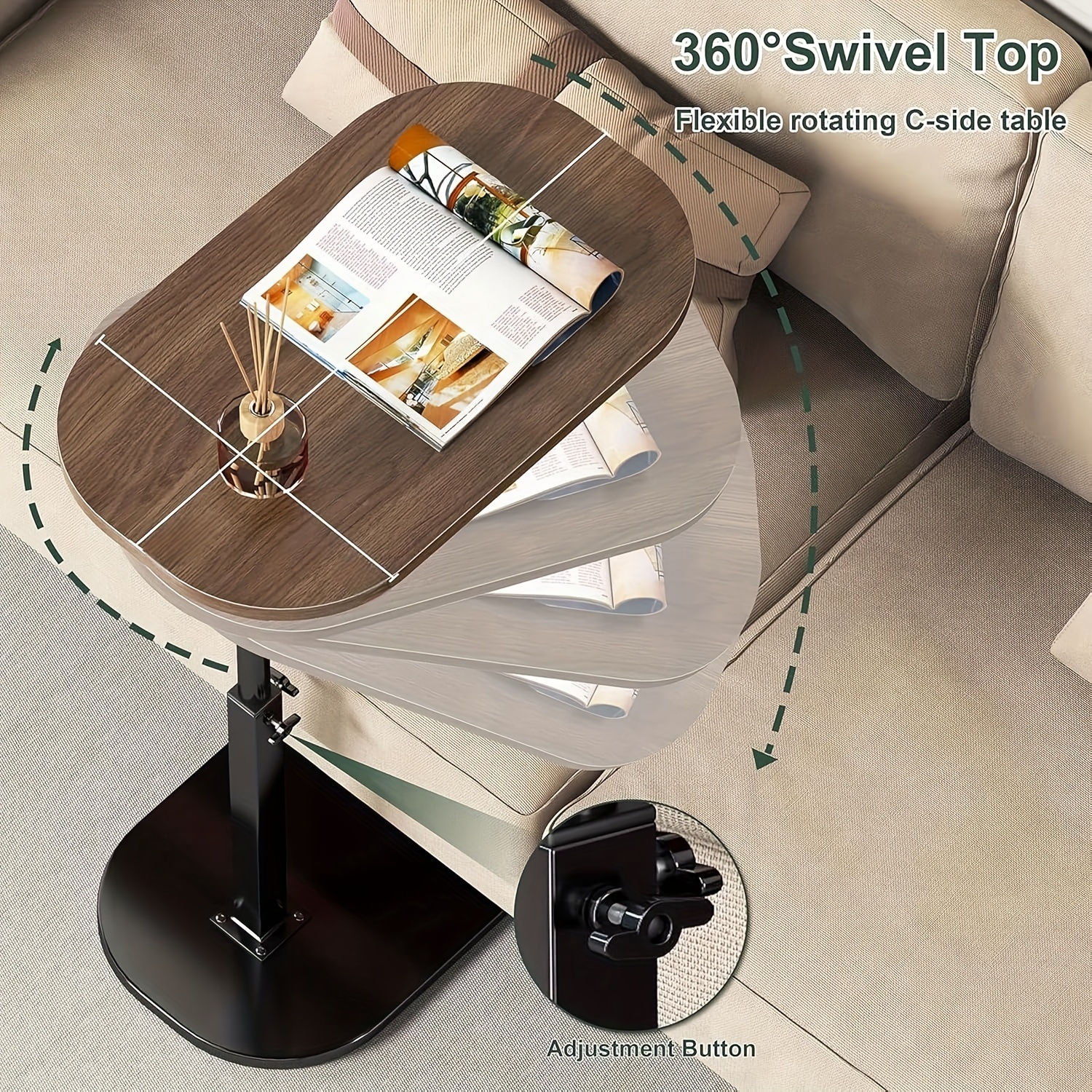 Table D'appoint Réglable En Hauteur Et Pivotante 360° - Forme C, Roulettes, Pour Canapé Ou Lit