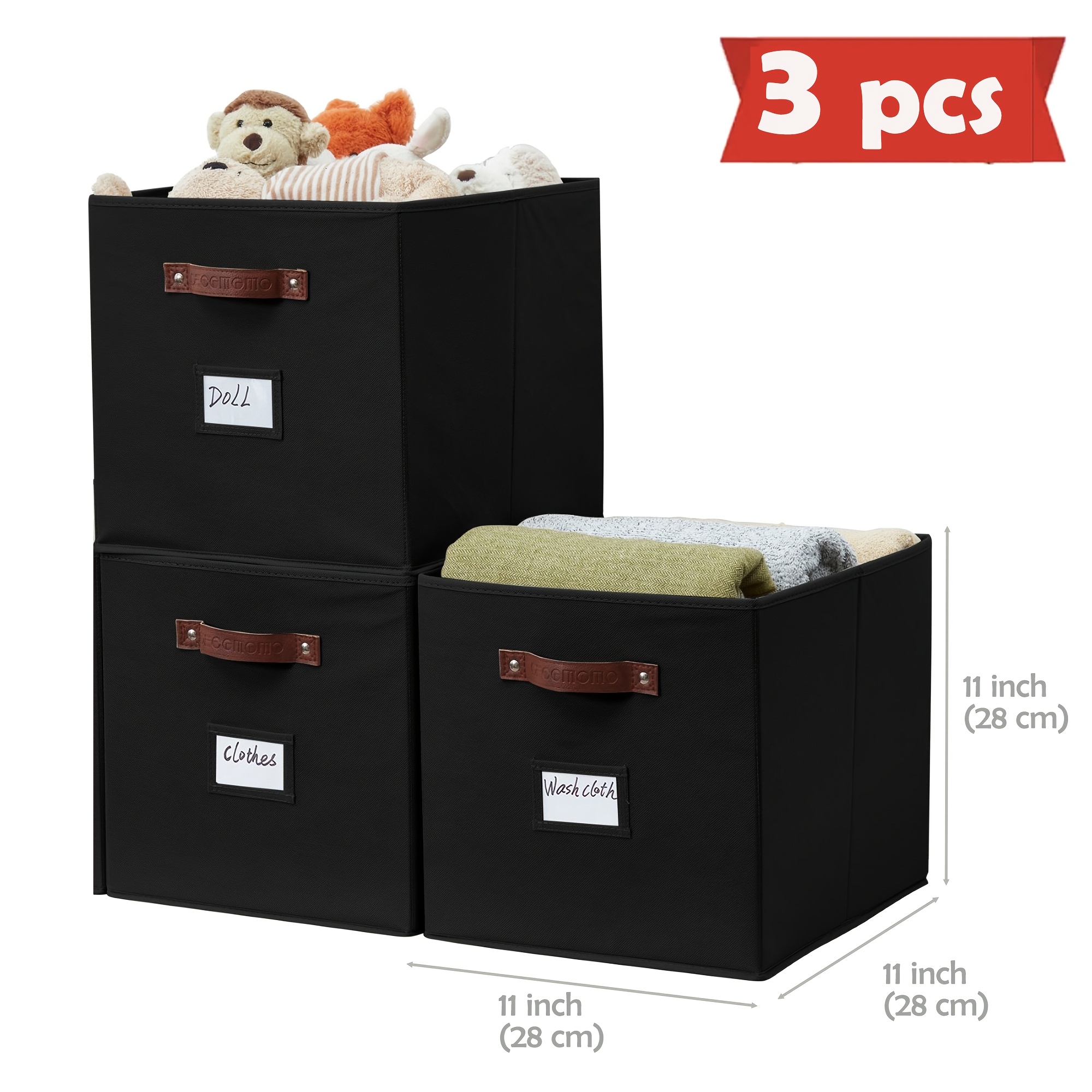 TEMU Lot de 3 de rangement en tissu avec poignées | Lot de 3 paniers de rangement cubiques 11'/13' avec porte-étiquette | Paniers de rangement pour