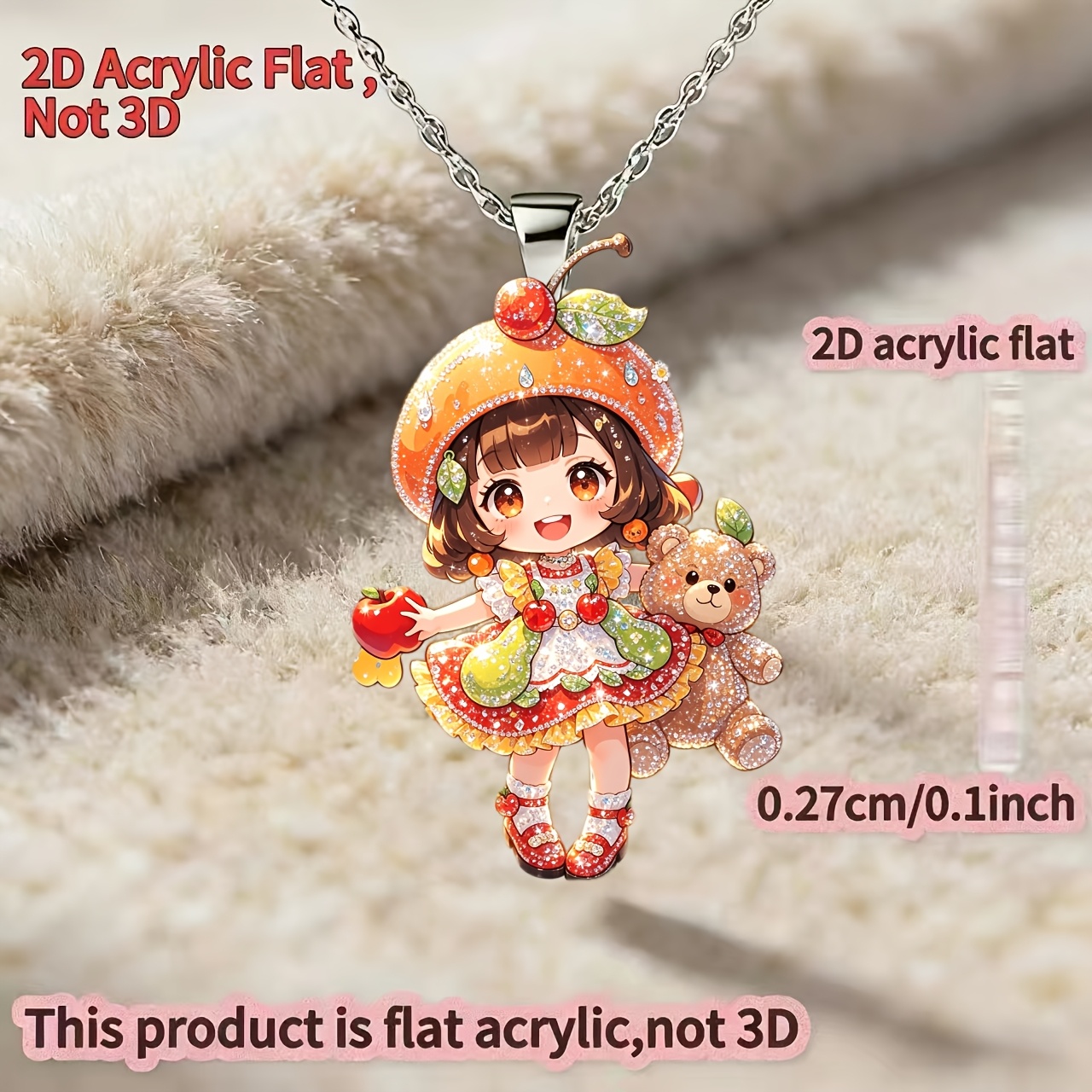 Women's 2D Acrylic Orange Hat Cherry Y-Shaped Necklace, Gift