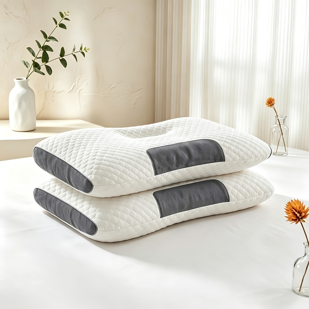 TEMU 2-pack Ergonomic Neck Support Pillows, Support Bed Pillows For Side And Back Sleepers, Breathable Slow Rebound Bed Pillows