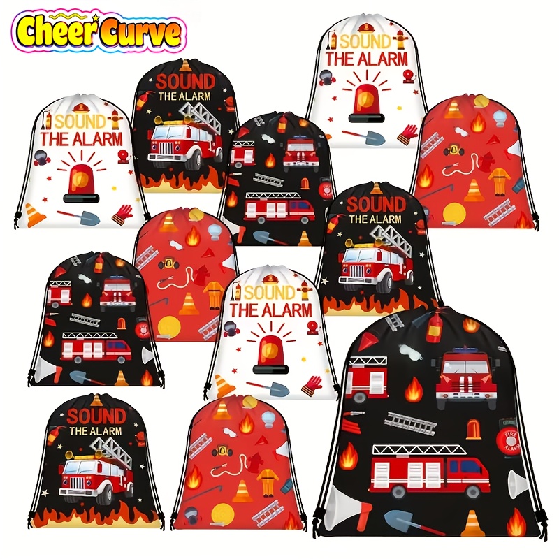Cheercurve 12pcs Fire Truck Themed Drawstring Gift Bag Gym Backpack Sports Party Supplies Drawstring Bag, Travel Essentials, Pattern, Lightweight Construction, Multipurpose Backpack, Students