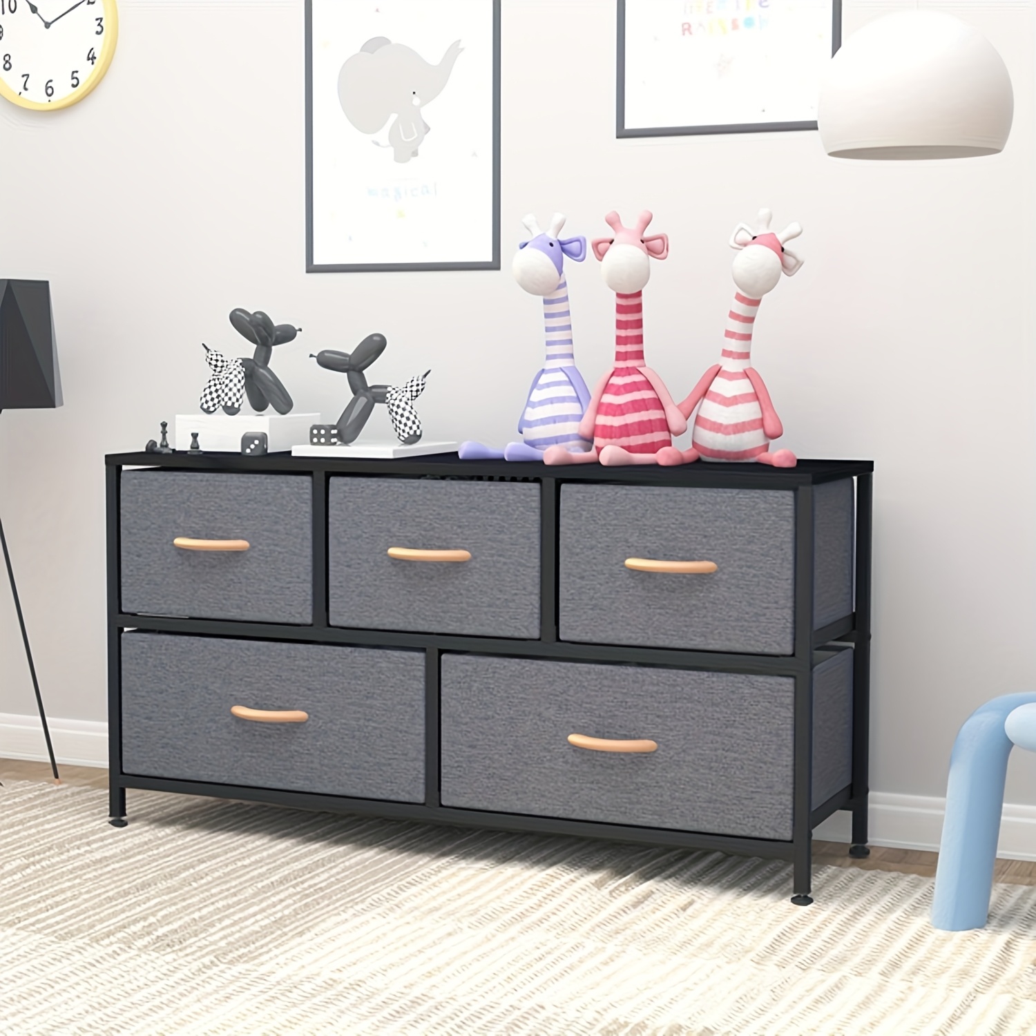 5-Drawer Dark Gray Space-Saving Storage Cabinet with Wood Panels & Metal Frame for Bedroom & Living Room Organization
