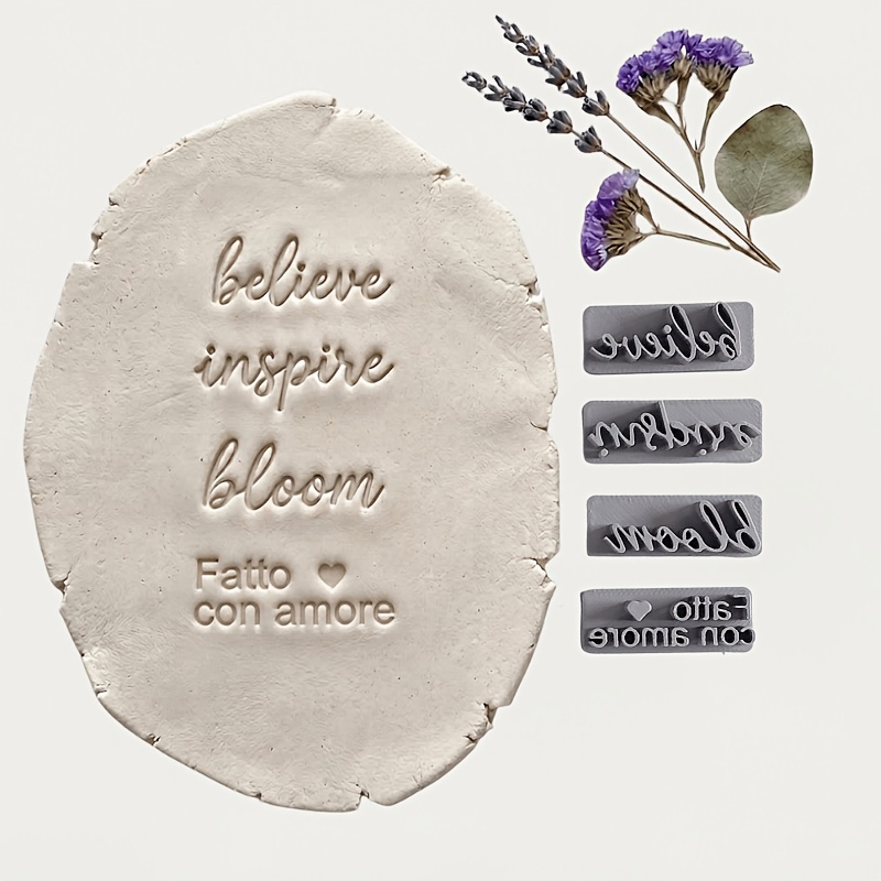 TEMU 4pcs Set Of Line Word Letter Stamp Molds, Believe, , Bloom, Suitable For Ceramics, Clay, Soft Clay And Other Handicrafts, Easily Fresh Romantic
