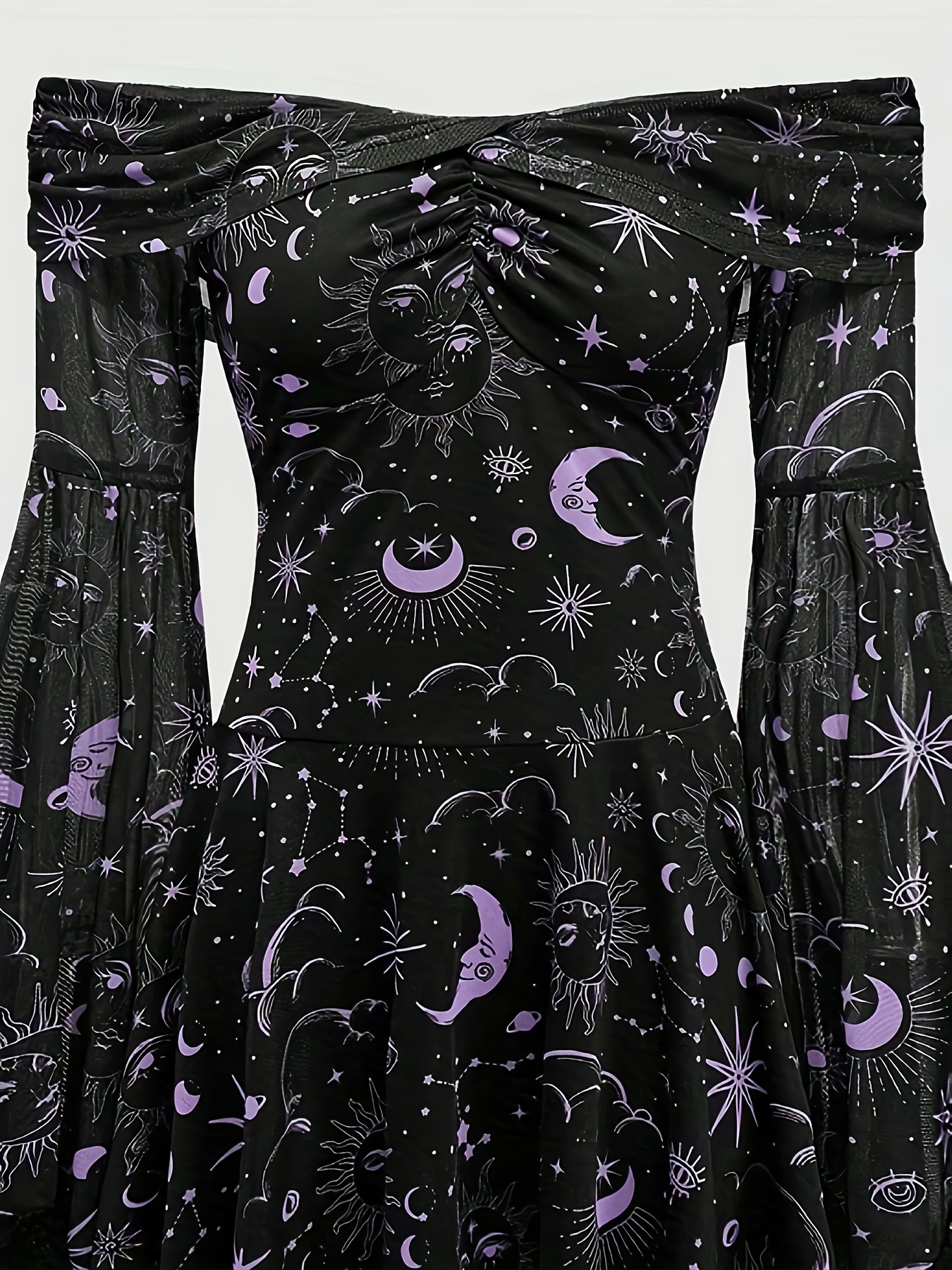 gothic semi sheer line dress shoulder neck bell sleeves star - Temu