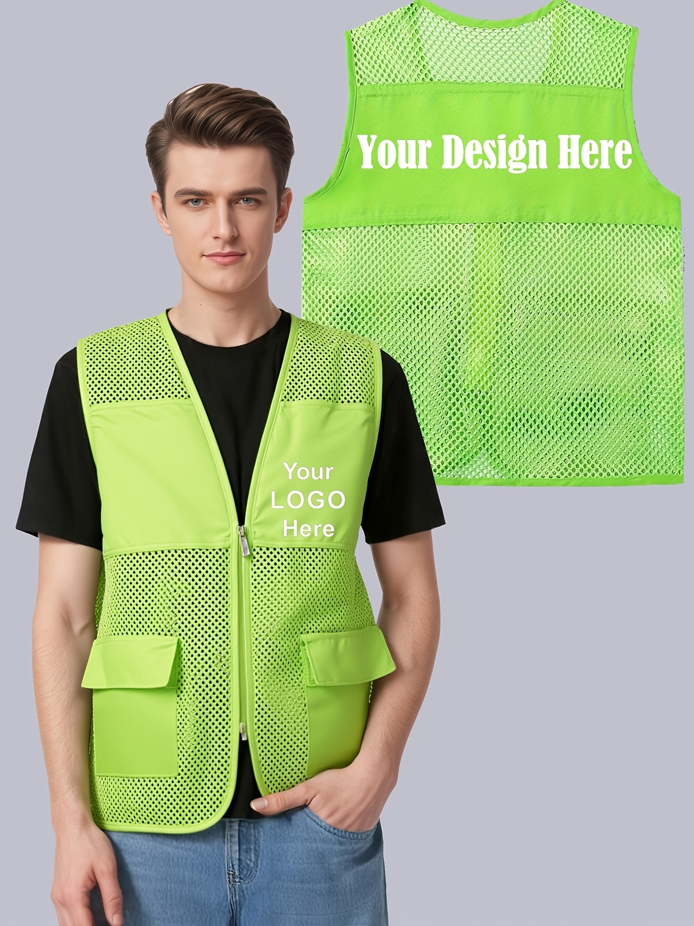 personalized customization mens mesh work uniform with zipper practical work shirt uniform multi pocket vest for workdays suitable for supermarket gaming practice competition transportation warehouse social groups volunteers