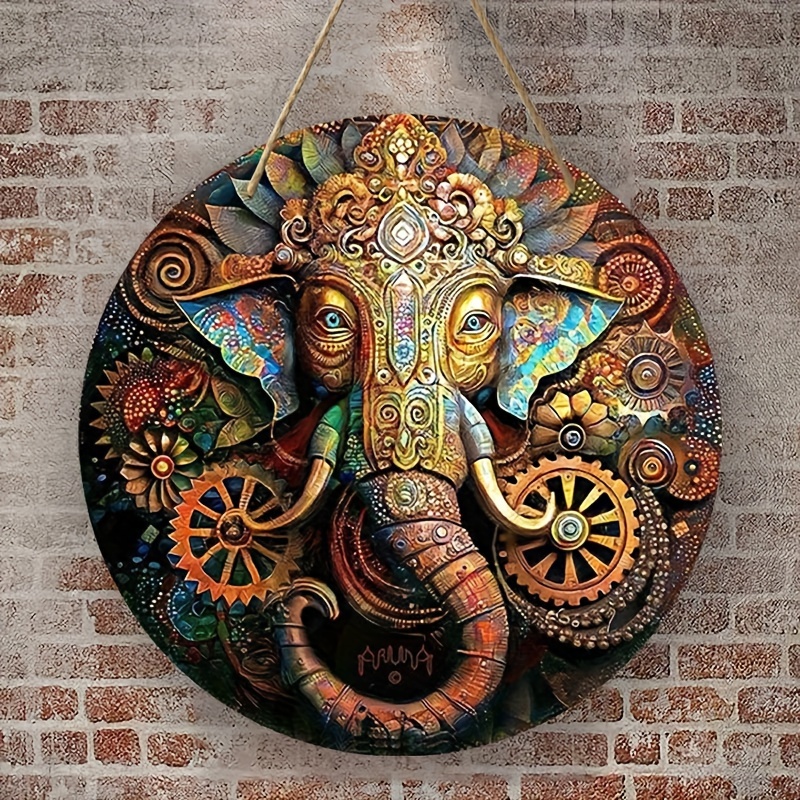 

1pc, Mystical Mandala Elephant Round Wooden Hanging Decor, Round Wooden Board (8" X 8") Suitable For Home Wall Decoration, Living Room Decoration, Door Decoration, Wall Decoration