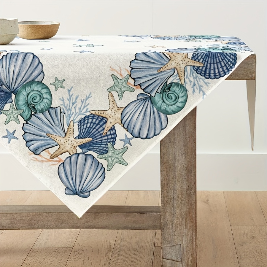 TEMU 1pc, Summer Tablecloth Featuring Ocean Shells And Starfish, Perfect For Seasonal Kitchen Dining Decor And Indoor
