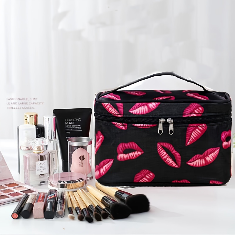 

Large Capacity Makeup Bag, Cute Simple Kiss Print, Portable Square Cosmetic Organizer, Travel Toiletry Pouch With Handle