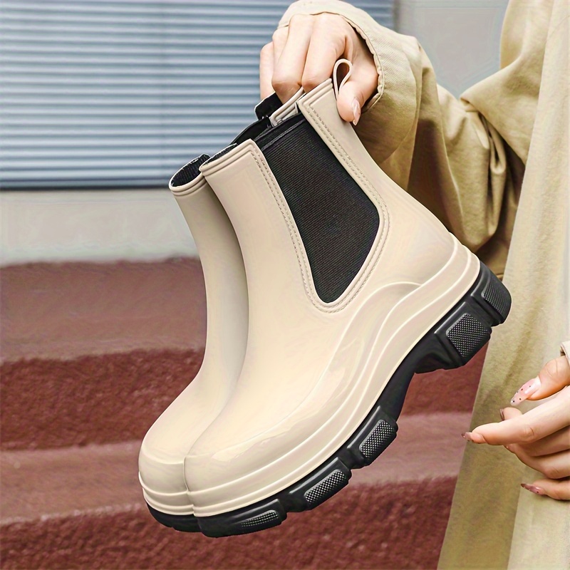 

Women's Solid Color Pvc Boots, Platform Pull On Soft Sole Comfort Rain Chelsea Boots, Comfort Round Toe Boots