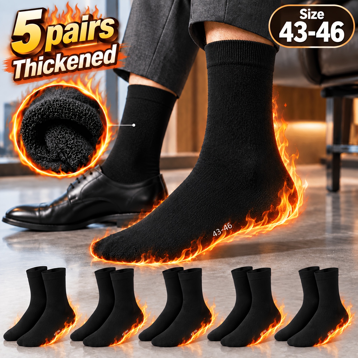 TEMU 5 Pairs Men's Warm Socks, Size 43-46, Thick Thermal Winter Socks For Men, Large Size Black Dress Socks, Business Crew Socks, Soft Comfortable