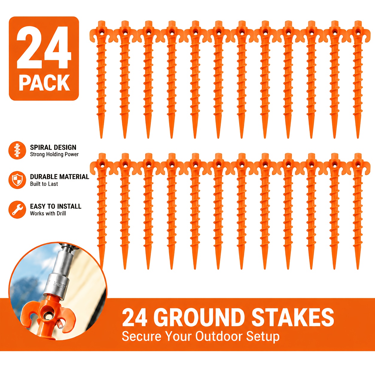 TEMU 24pcs Heavy-duty Screw-in Tent Stakes With Drill-compatible Hex Head Ground Anchors - Spiral Tip Suitable For Tents, Canopies, Rv, For Power