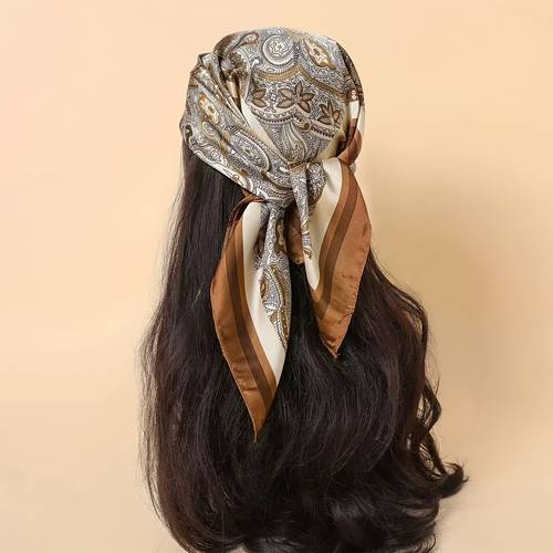 1pc womens elegant brown satin scarf large 70x70cm square headscarf with exquisite floral and geometric prints brown luxurious shawl