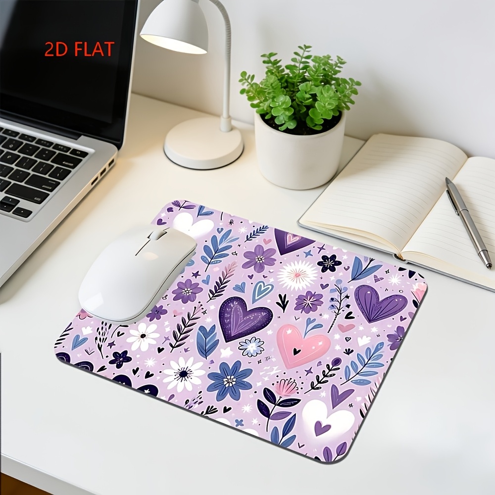 TEMU 1pc Of Pink-purple Heart And Floral Pattern Mouse Pad, Featuring Hearts And Small Flowers In A Sweet, Romantic, And Fashionable Theme. Stylish
