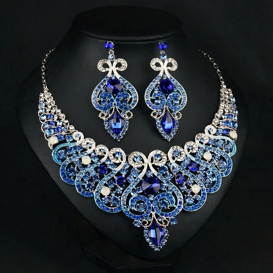 Exaggerated Necklace And Earring Set, Blue Rhinestone Collar Chain Decoration, Vintage Dress Accessories.