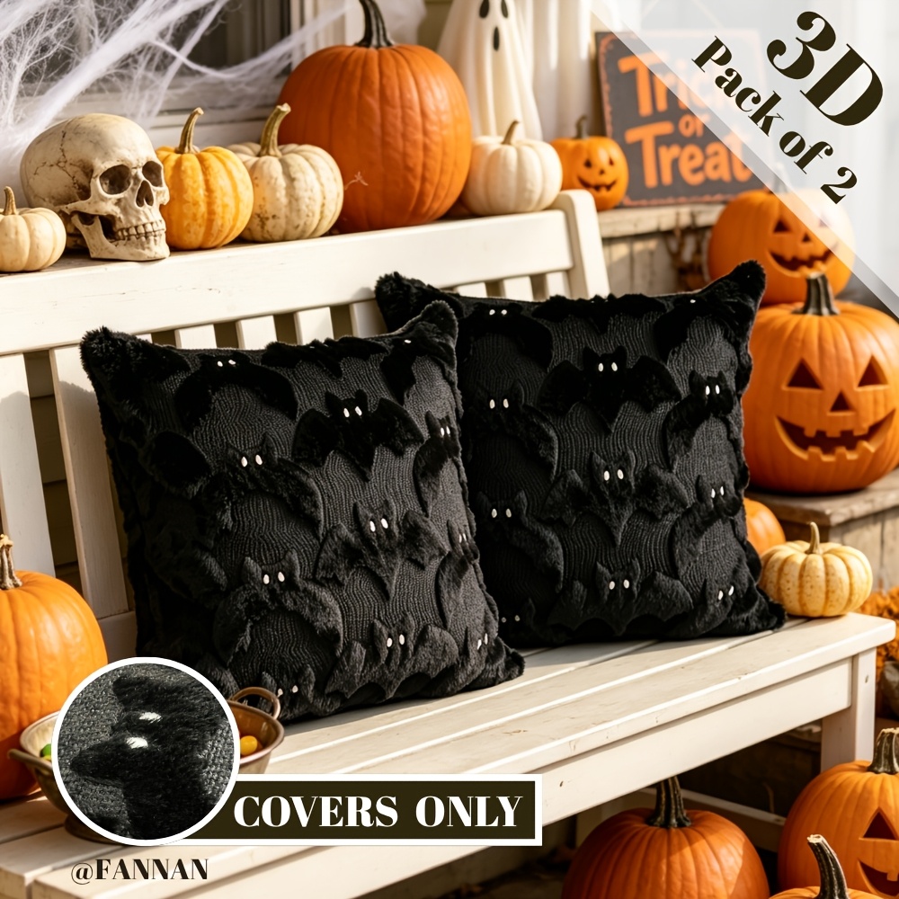 TEMU Lot de 2 housses de coussin décoratives en peluche 3D chauve-souris pour décoration d'Halloween - Housses de coussin gothiques sombres de