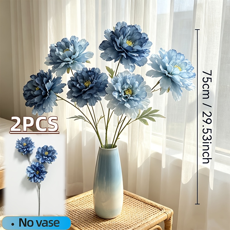 TEMU Edler eleganter großer blühender künstlicher Pfingstrosenstrauß, Premium künstliche Pfingstrose mit Farbverlauf in Blau, 2 Sträuße = 6 Blumen –