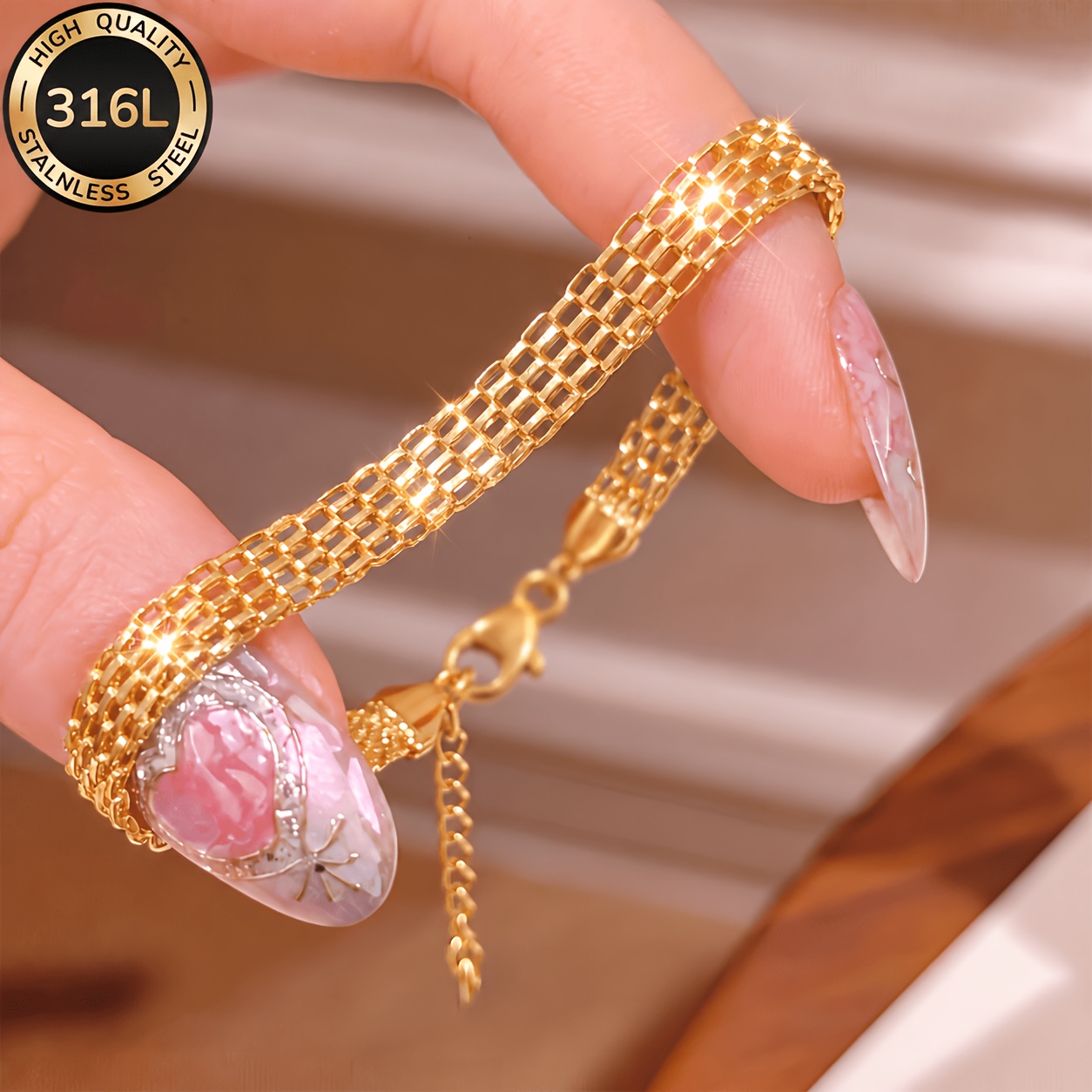 TEMU 1 Fashionable And Elegant High-quality Woven 316l Stainless Steel Bracelet For Women, Waterproof And , Suitable For Daily Wear And As A Gift For