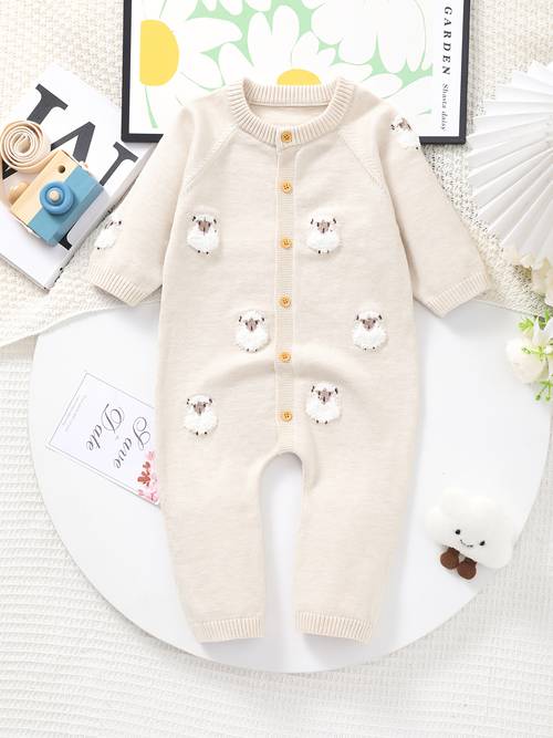 knit jumpsuit with lamb face hoof embellishments soft long sleeve round neck romper fish tail hem winter warm outfit cozy unisex bodysuit for autumn winter ideal shower gift hand for outdoor cute daily