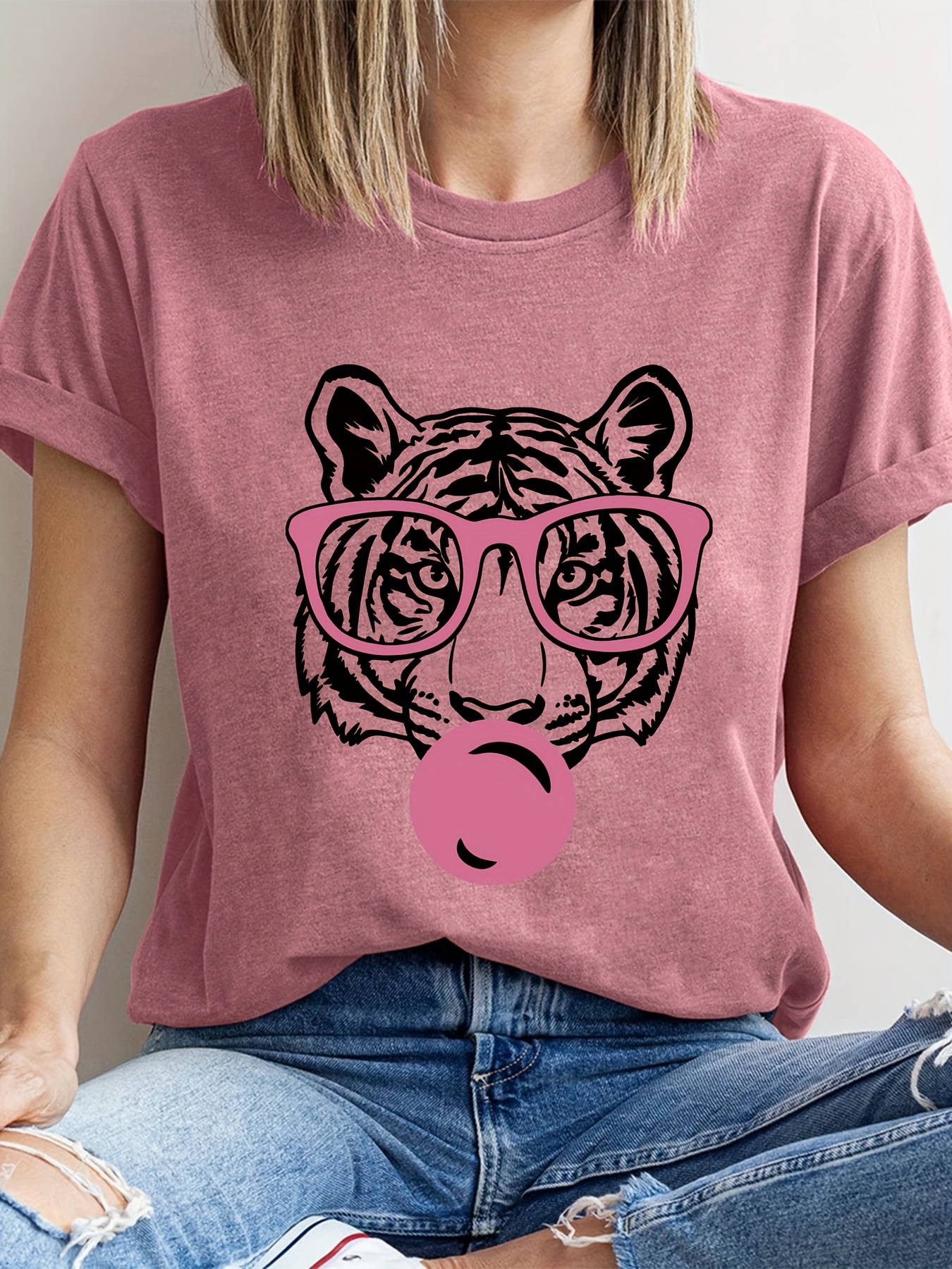 casual dames t shirt met korte mouwen speelse tijgergezicht - Temu  Netherlands, image size:800x1067