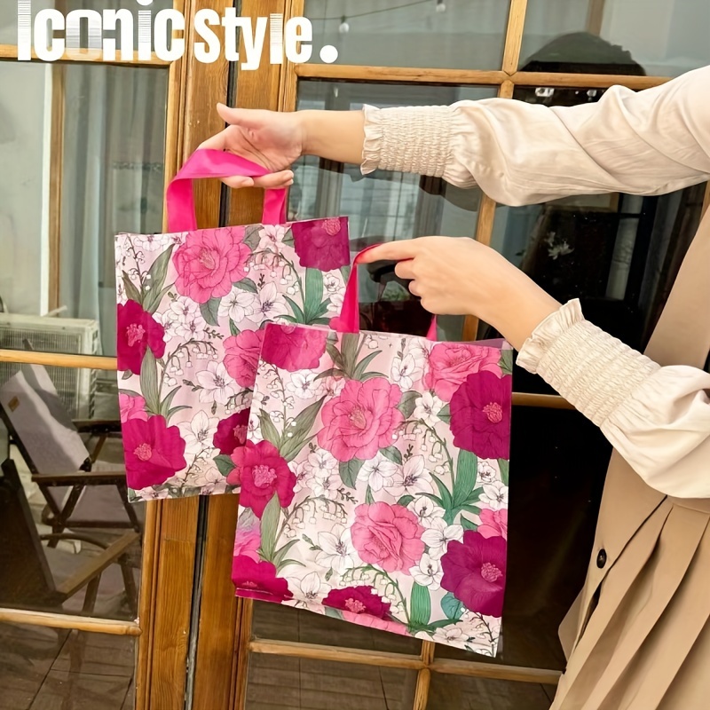 Image of 5pcs Camellia Flower Printed Transparent Plastic Handbags - Ideal For Gifts, Shopping, And Mother's Day Party Supplies