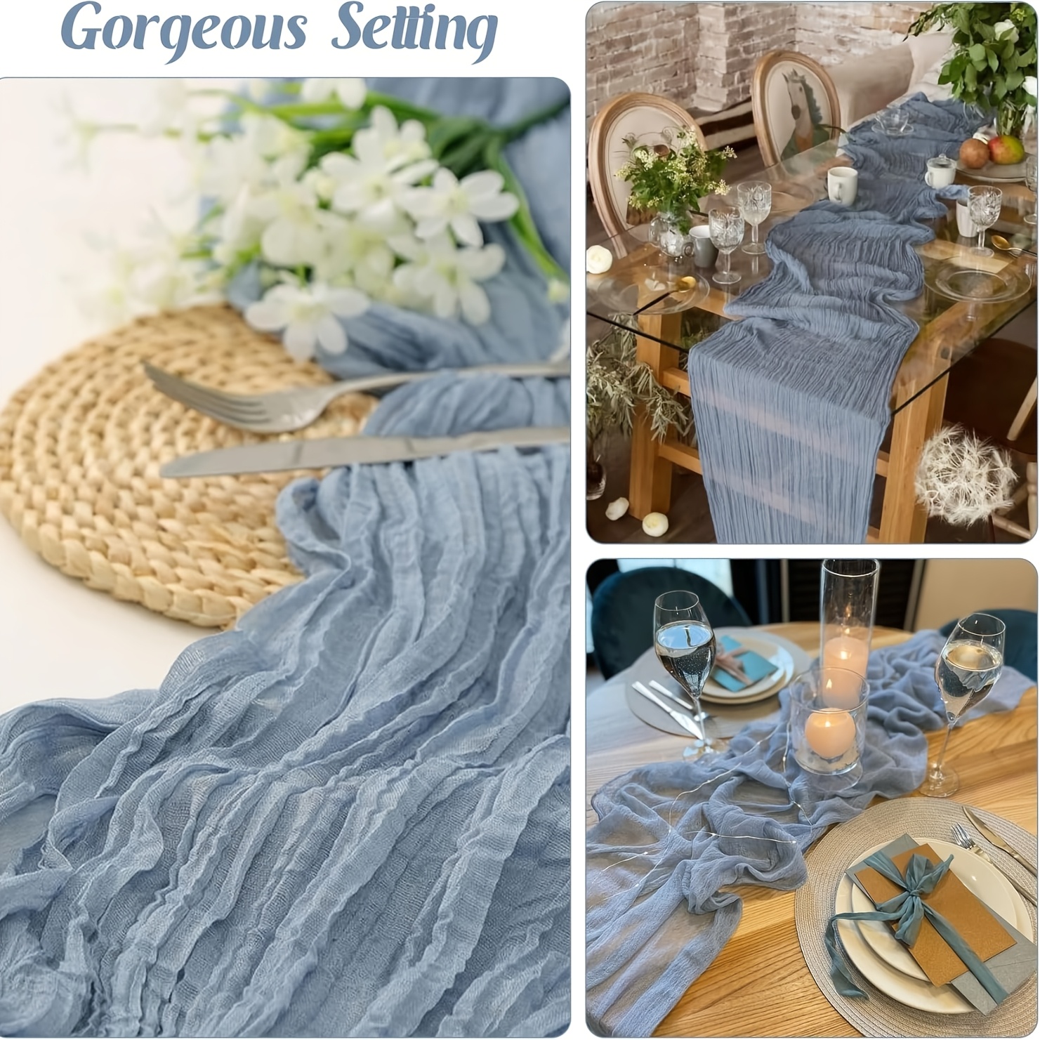 E-shop Set mit 3 grau-blauen Tischdecken aus Käsegardin, Tischdecken aus böhmischem Gaze-Stoff, transparente Laufliegen, geeignet für Hochzeiten,