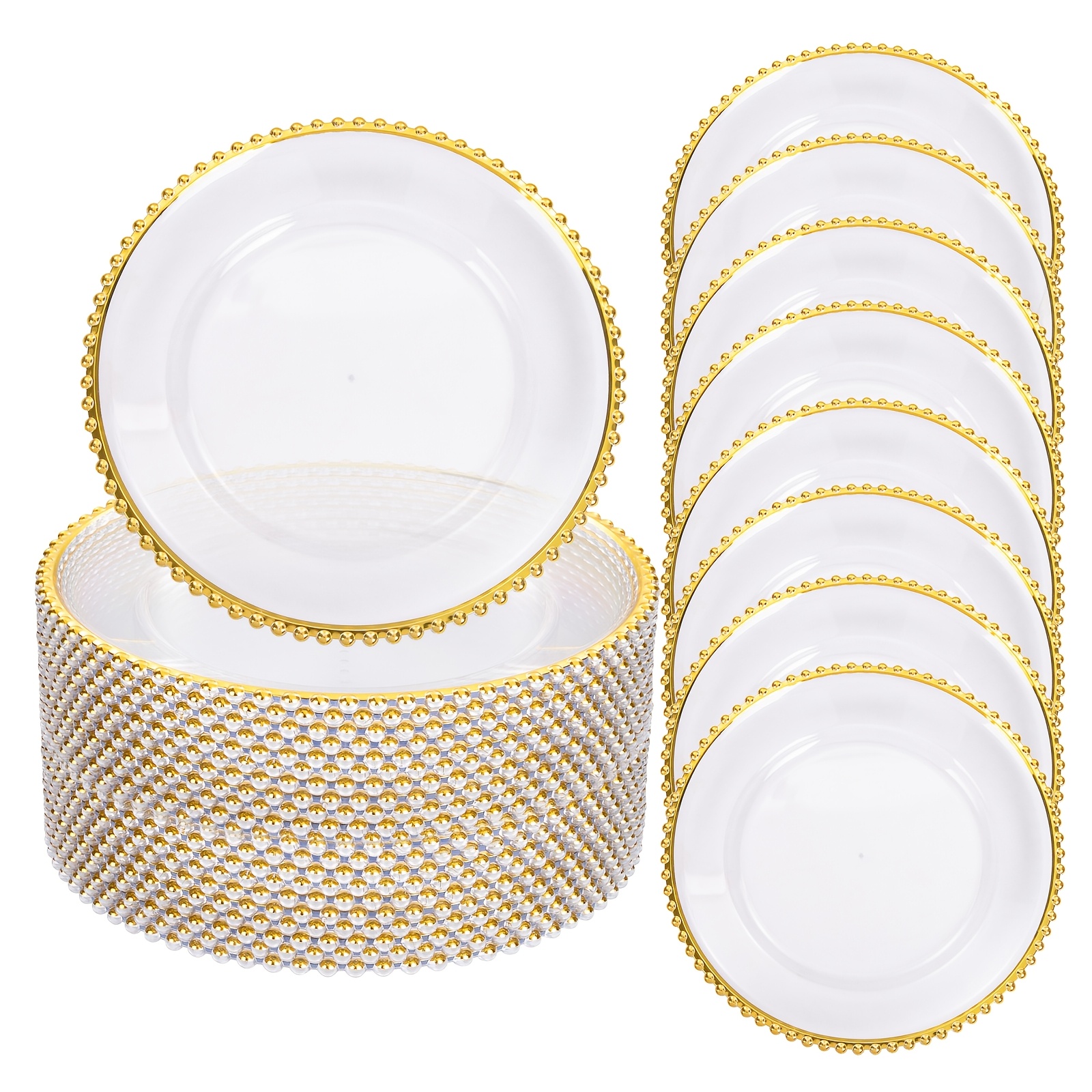 

Plastic Charger Plates, Transparent Set, 20/50pcs Bulk Acrylic Dinner Plates With Gold Beaded Edgesuitable For Wedding, Dinner, Party Table Decorations, Wedding Hotel Decorativeprops Plate