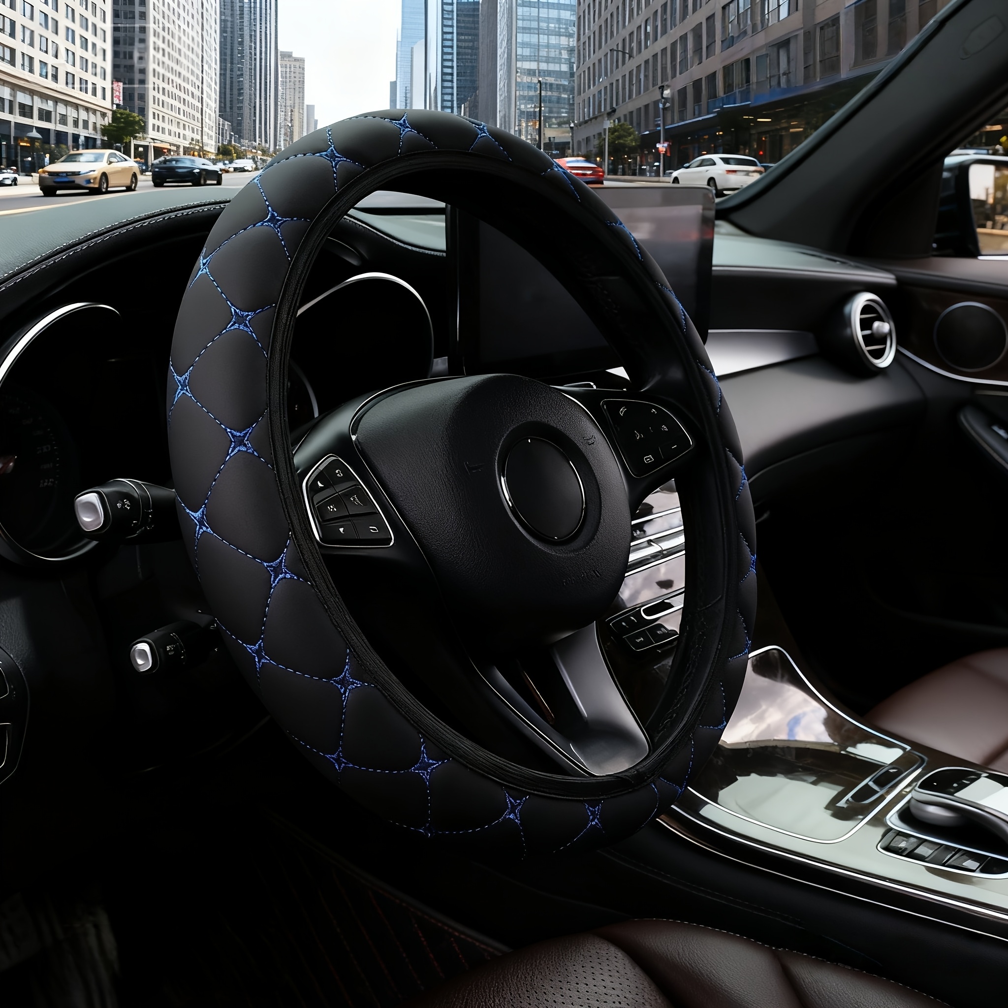 Funda de Volante en Cuero PU, Sin Anillo Interior para Fácil Instalación, Textura Clásica de Estrella de Cuatro Puntas y Rombos, Compatible con Volantes Tipo O y D de 38 cm/15