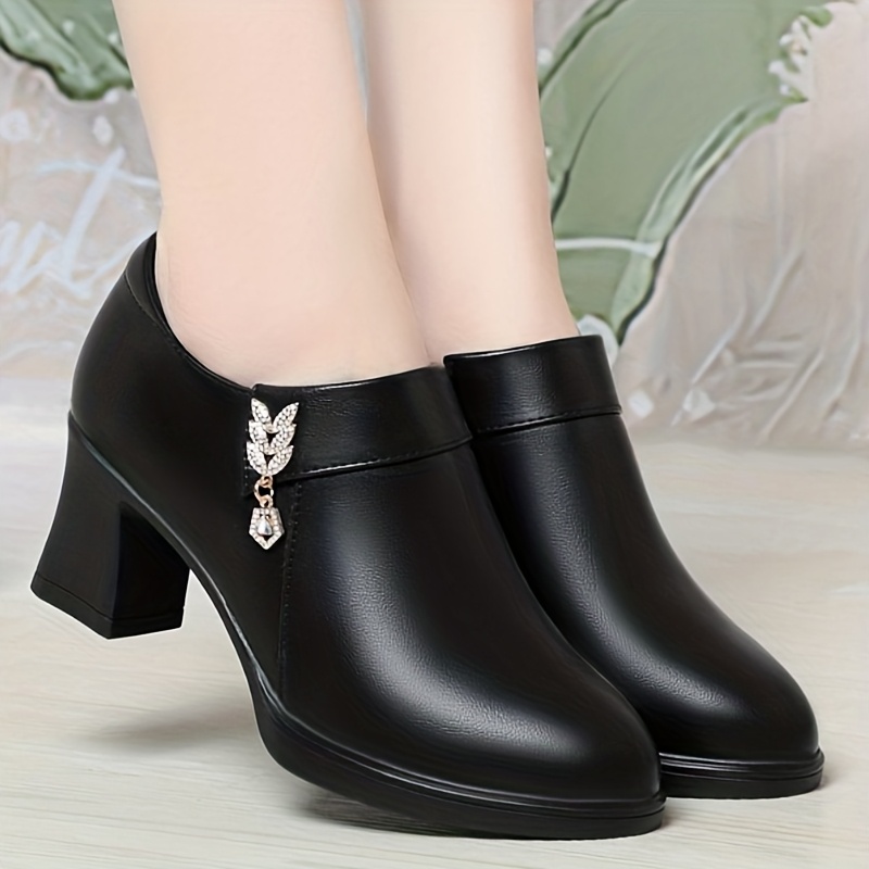 TEMU Women's Fashion Short Boots, Chunky Heel Design, Stable And Comfortable, Side Zipper For , Floral Rhinestone Embellishment, Full Of Style, Work