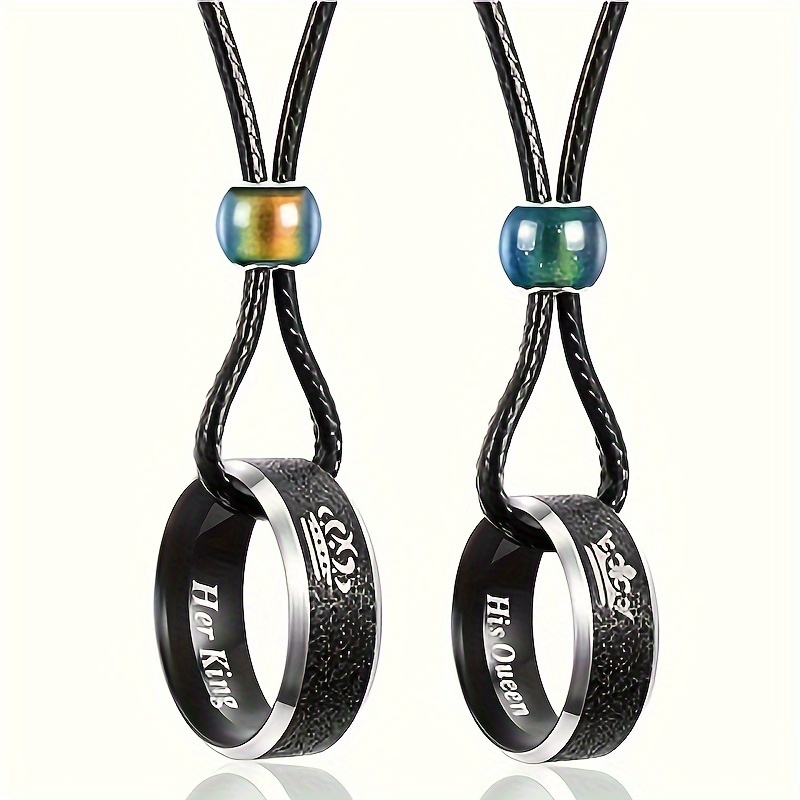 

2pcs Stainless Steel Necklace, King And Queen Couple Lovers Ring Pendant Necklace