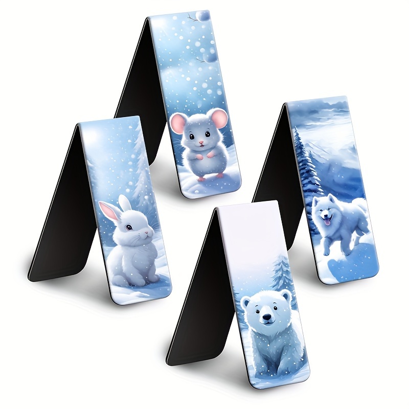 

4-pack Animal-themed Magnetic Bookmarks - Durable Cardboard Page Markers With Cute Mouse, Rabbit, Polar Bear, And Wolf Design For Students And Teachers