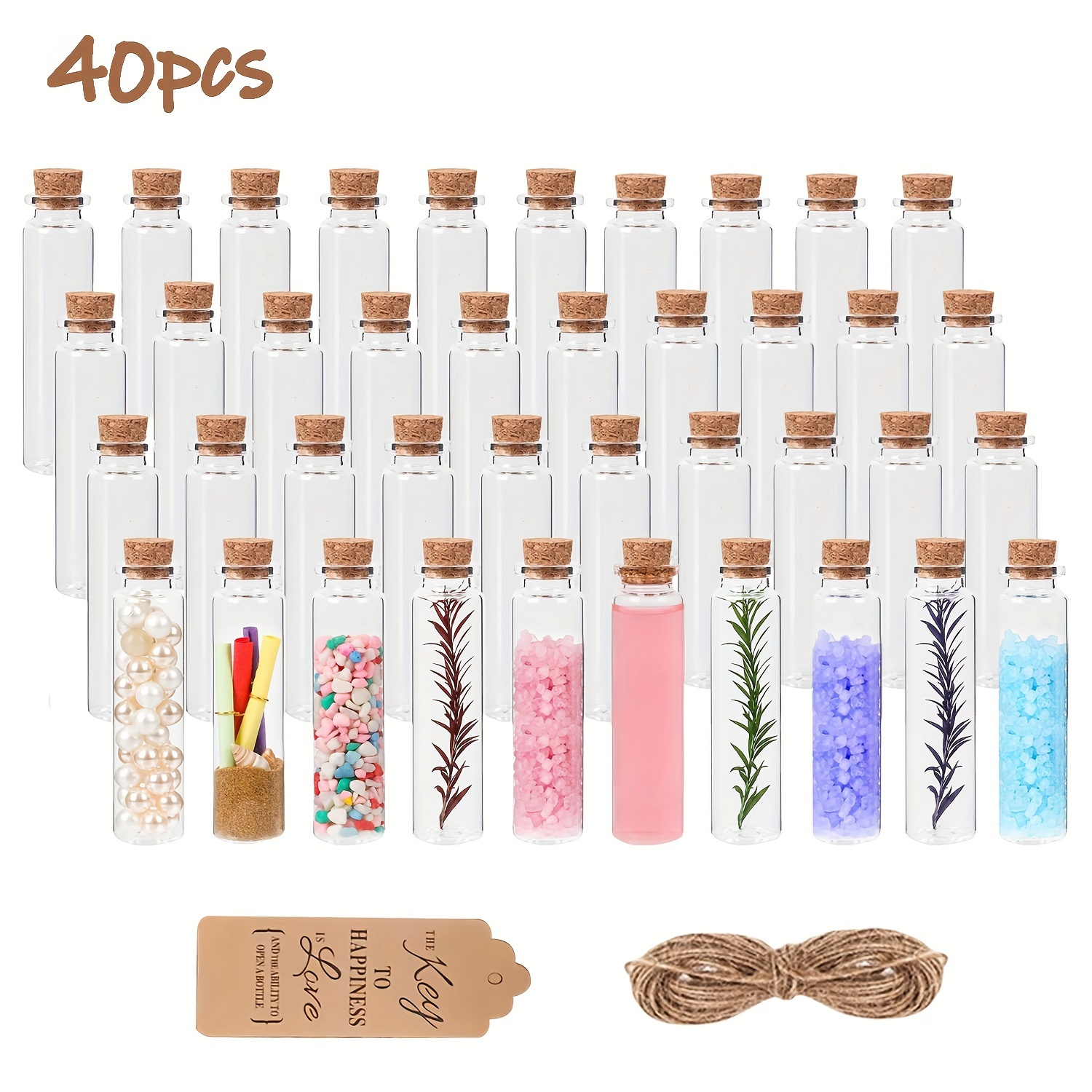 

40pcs Cork Glass Bottle, Diy Decoration Mini Potion Bottles, Wishing Bottle Assembly Set, Mother's Day Wedding Valentine New Year Party Supplies (with Rope Card)