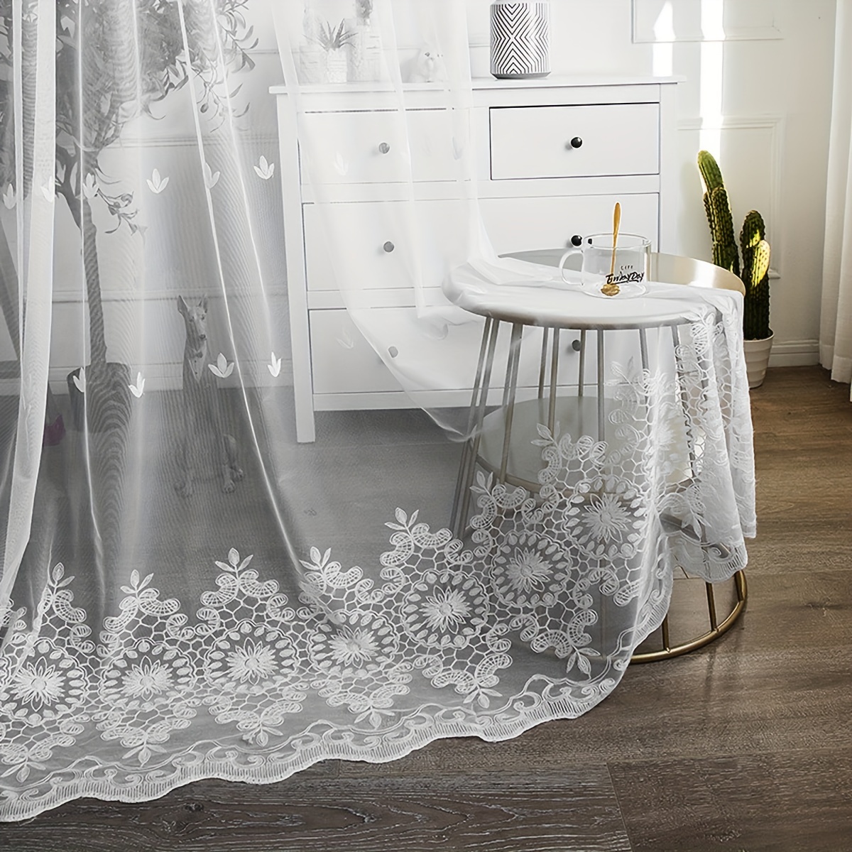 2pcs white flower embroidery yarn curtains french   embroidered yarn curtains for floating window   room bedroom window and door decor home decor details 2