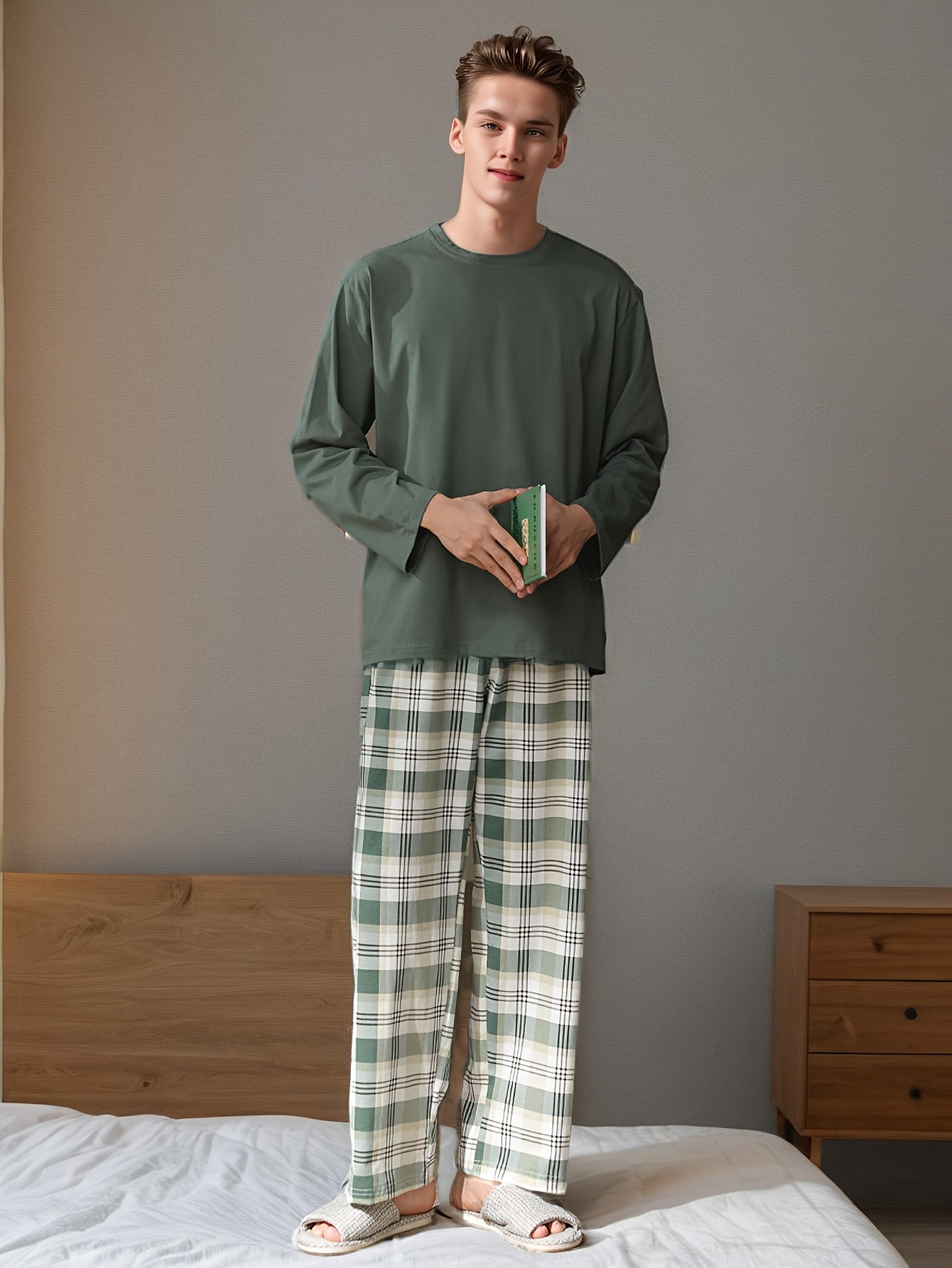 Mens Pajamas Cotton,Men Pajamas Set,Turn-Down Collar Long