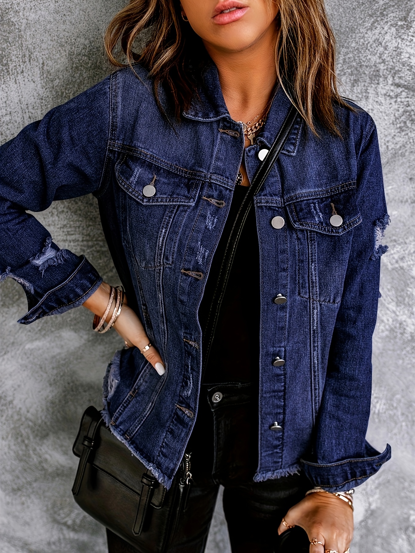 womens vintage washed blue denim jacket ripped distressed - Temu