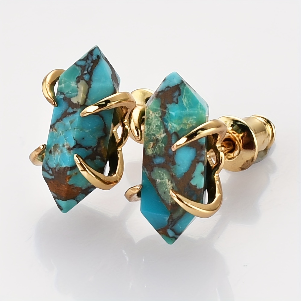 Natural Stone Hexagonal Prong-Set Stud Earrings