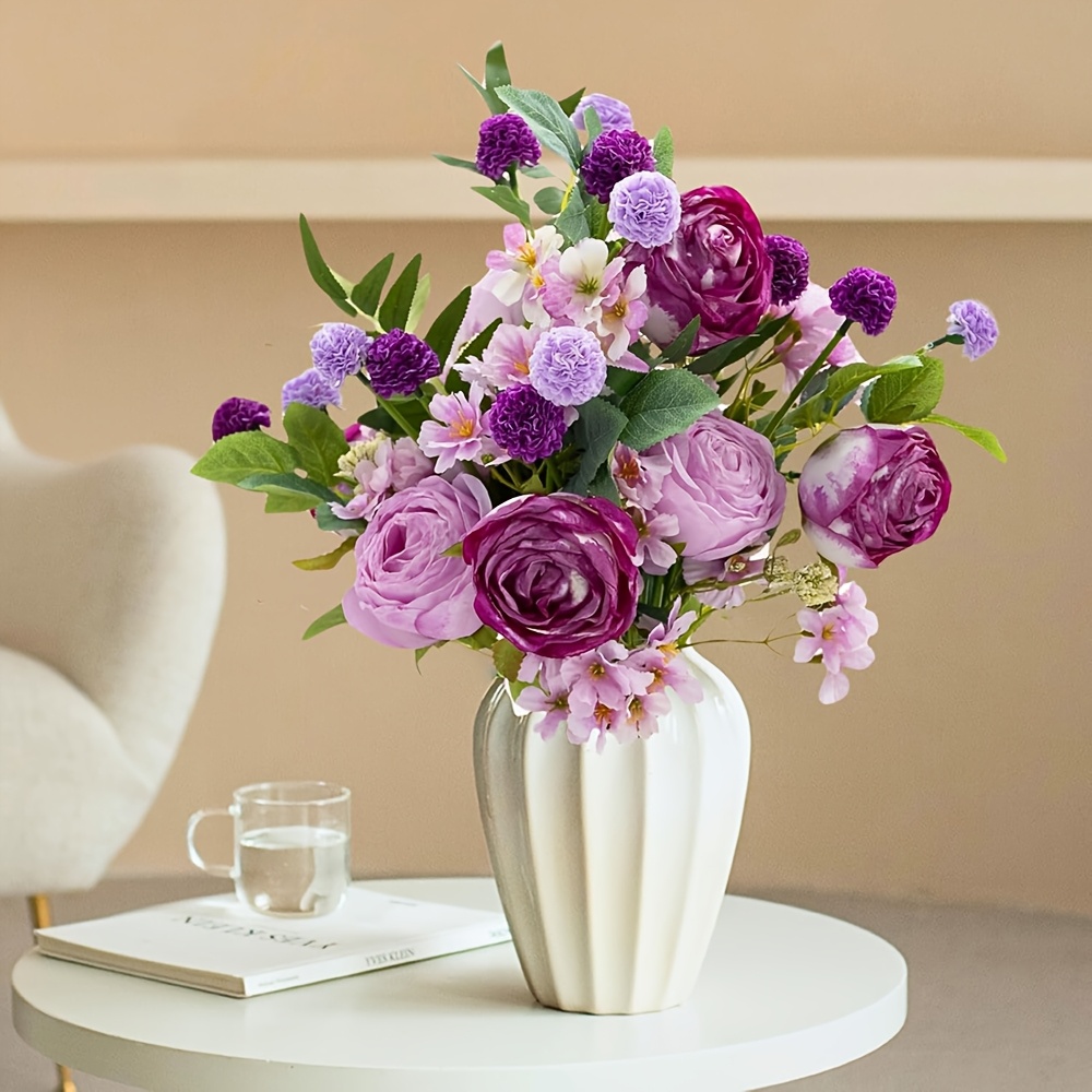 Künstliche Rosenstrauß - Tiefviolette Blumenarrangement mit Grün, Pflegeleichte Kunstblumen für Zuhause, Hochzeit, Party, Thanksgiving, Weihnachten, Ostern, Halloween, Hanukkah Deko