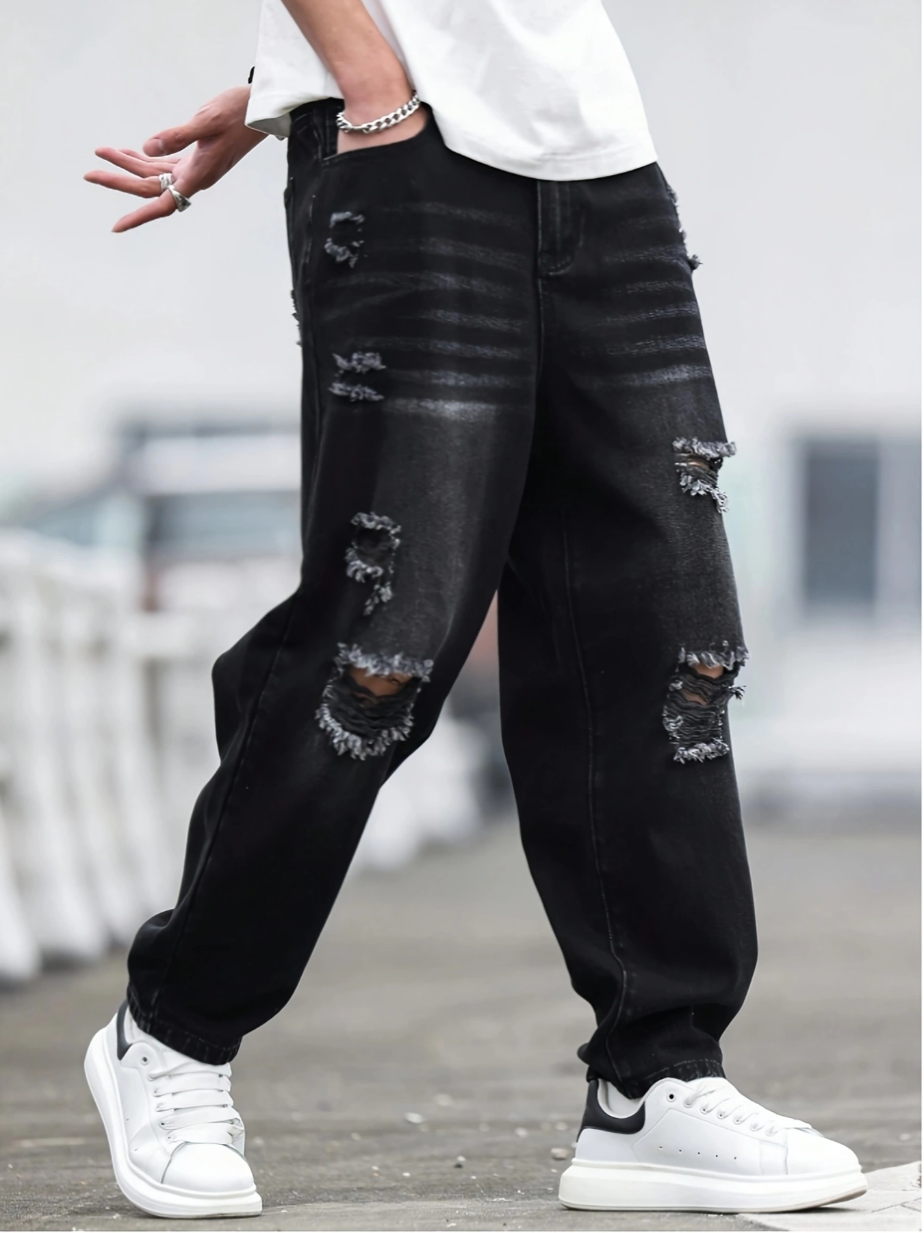 mens graffiti graphic print ripped denim pants pockets Temu