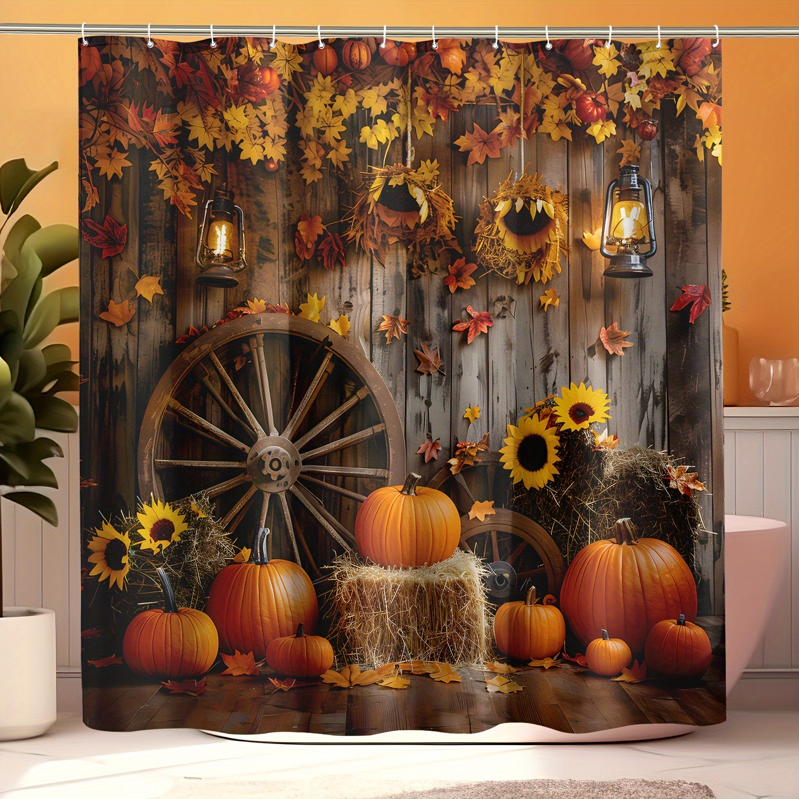 

Pumpkin Sunflower Autumn Harvest Shower Curtain With Hooks - 71x71 Inch Rustic Farmhouse Water-resistant Polyester Bathroom Decor, Machine Washable, Maple Wood Fall Season Theme