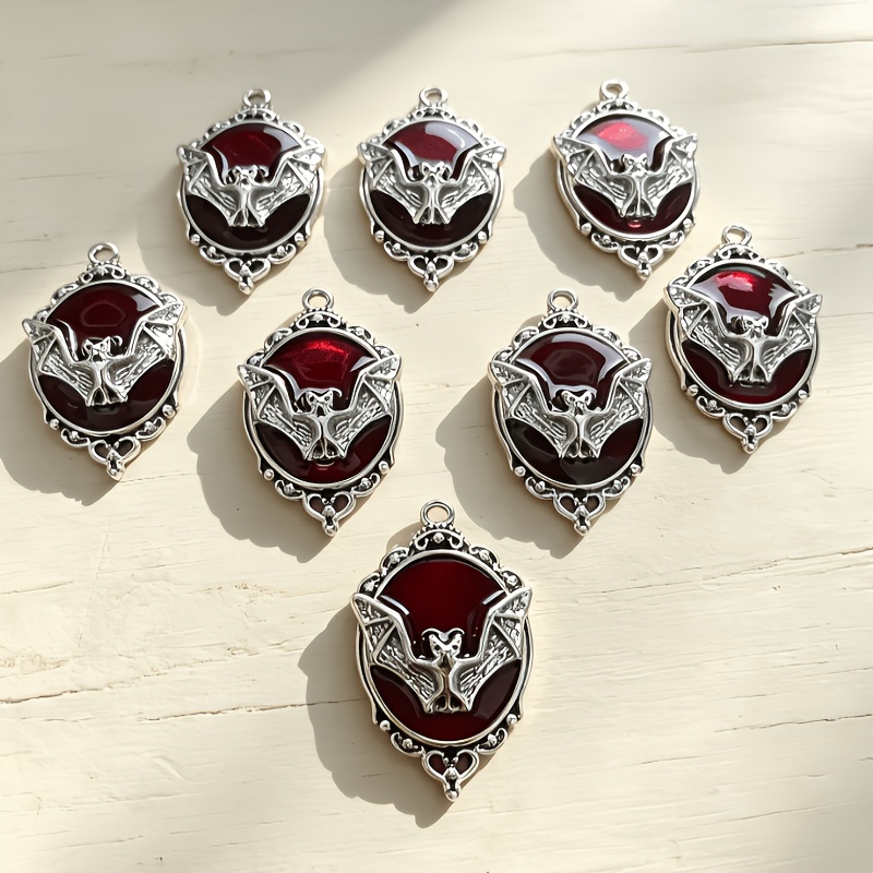 TEMU 8pcs Random Gothic Bat Charm Alloy Pendant, Antique Silvery Tone Red Enamel Oval Bat Photo Frame Charms, Diy Charms Halloween Jewelry Bracelet