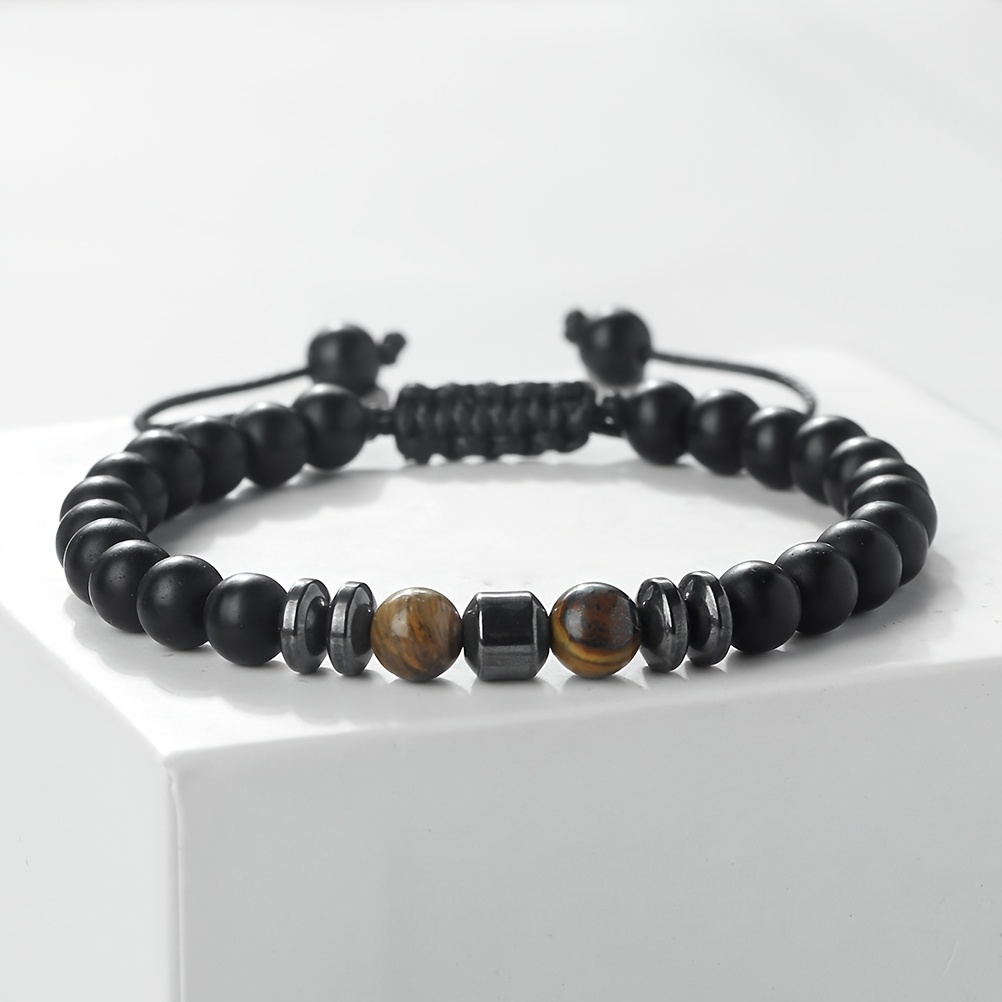 TEMU 1pc Classic 6mm Eye Bracelet With Black Onyx Spacers And Green Beads, Hand-woven Adjustable Bracelet, Suitable For Daily Wear And Vacations