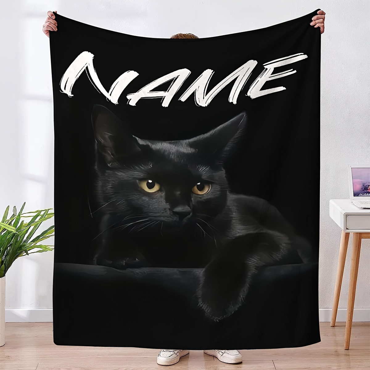 

Custom Name Black Cat Flannel Throw Blanket - , Warm & Lightweight | Couch, Bed, Office, Travel & Camping