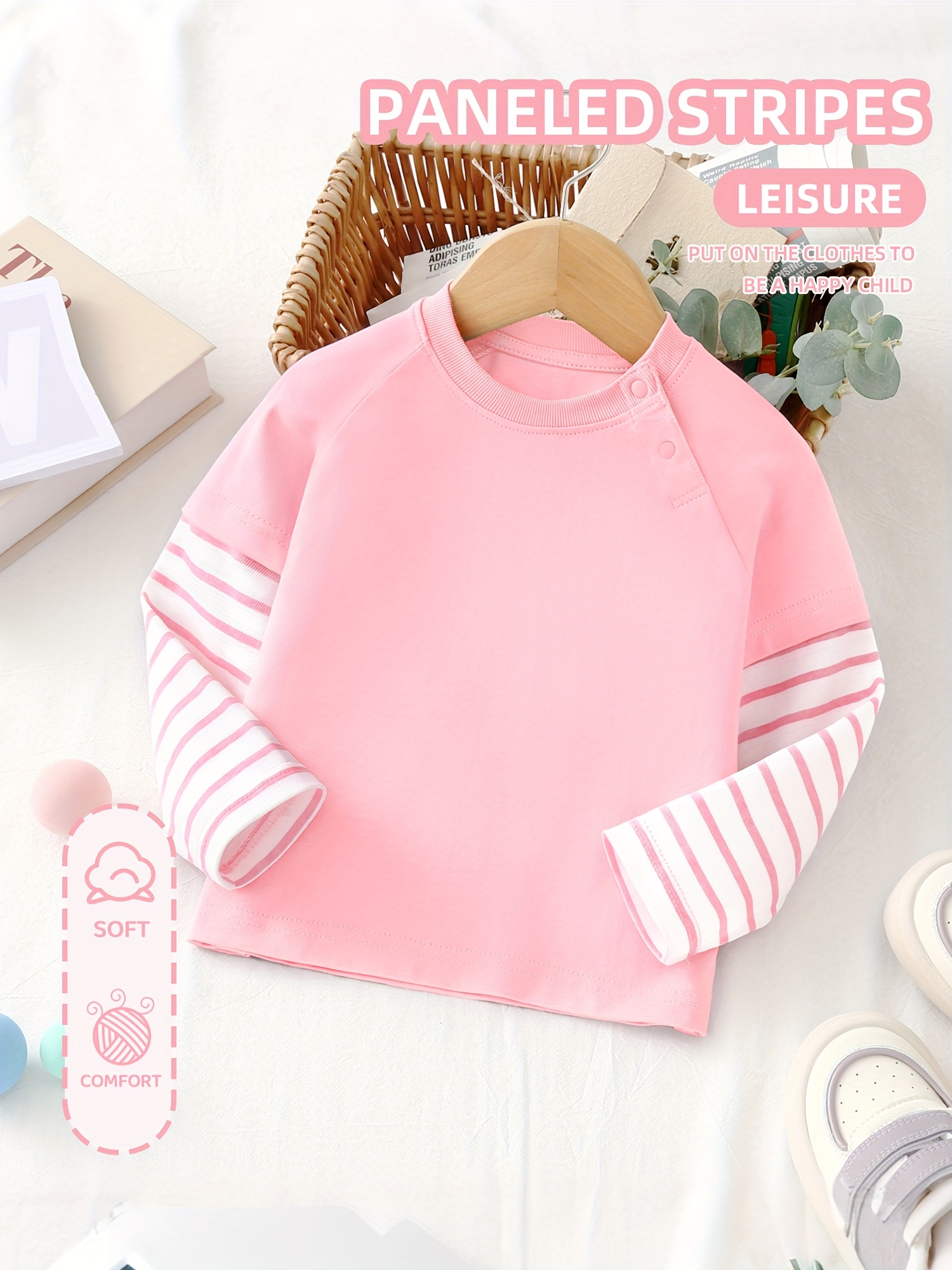 T-shirts Manches Longues Pour Fille The Children's Place - Rose Et Blanc - Taille XL - 100% Coton