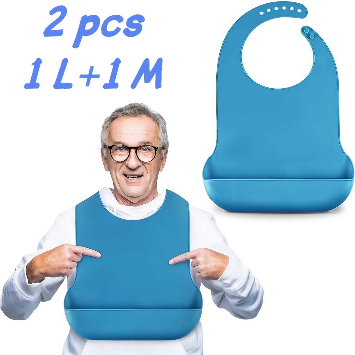 TEMU 2pcs Reusable Bib For Adults With All-catch Pocket And Adjustable Strap,, Easy To Clean, For Seniors, Patients, , 45x29cm (blue)